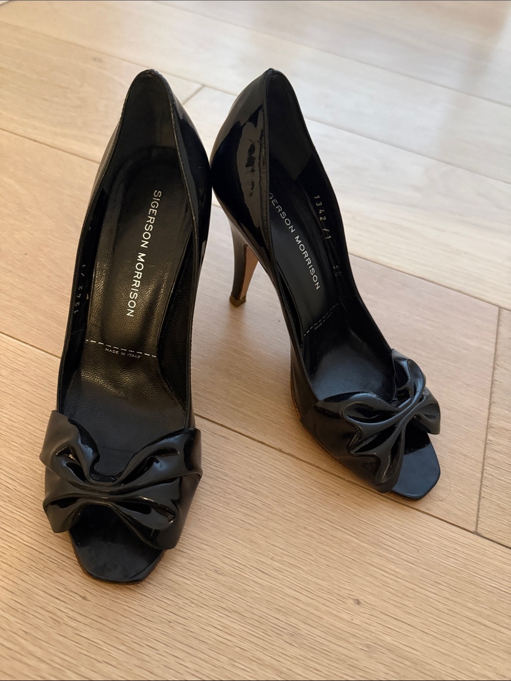 Sigerson Morrison Black Patent Peep-Toe Bow Heels